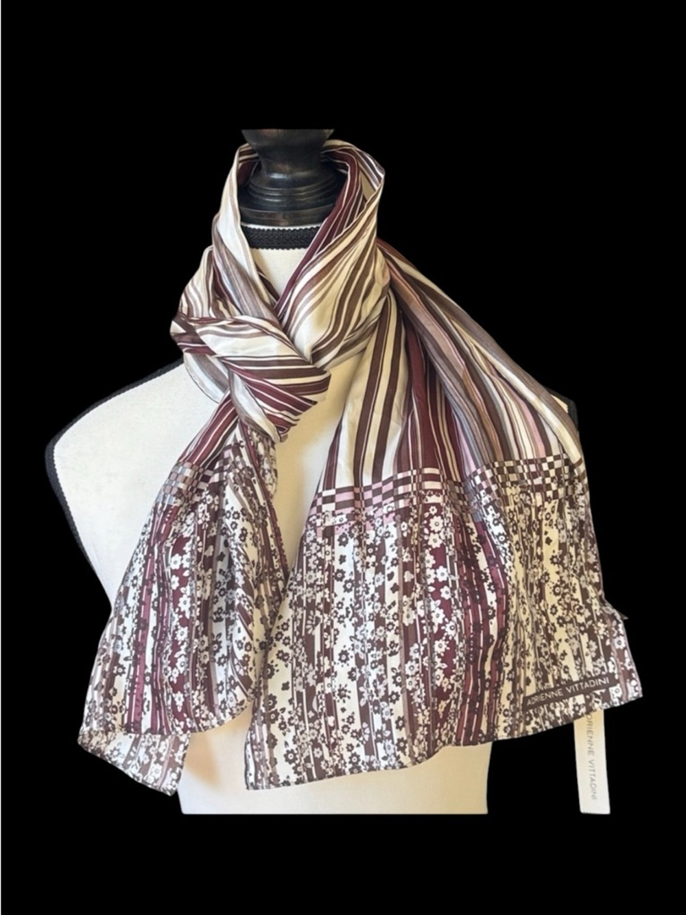 ADRIENNE VITTADINI LADIES 100% SILK SCARF NWT NEW TAGS, BURGUNDY, BEIGE COLORS